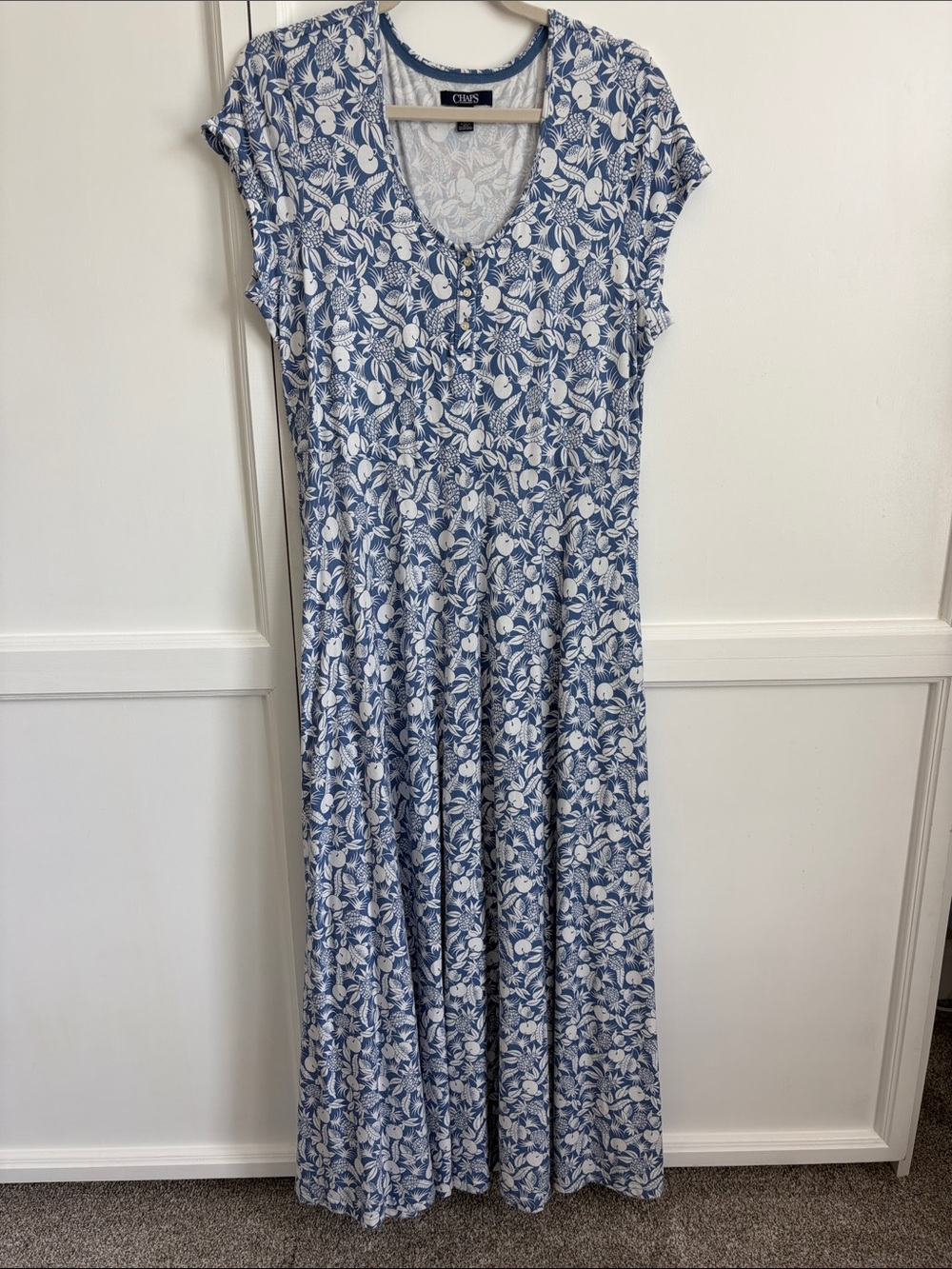 Chaps Blue and White Floral V-Neck Maxi Dress